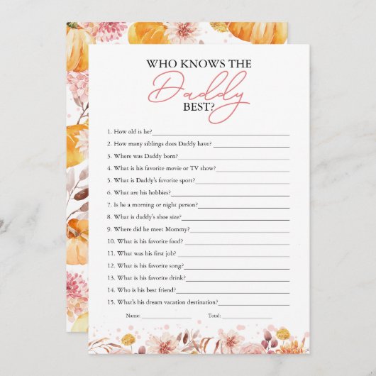 誰がパパの最高の秋赤ん坊シャワーのゲームを知っている 招待状 (正面/裏面)