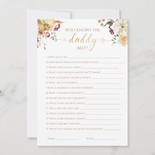 誰がパパの最高の秋赤ん坊シャワーのゲームを知っている 招待状 (正面)