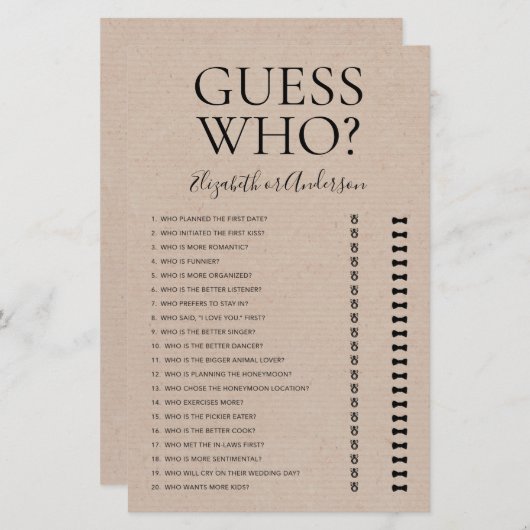 誰がブライダルシャワー素朴ゲーム (正面/裏面)