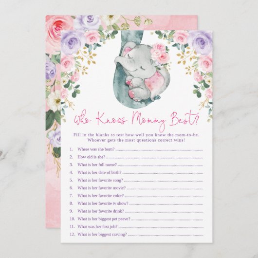 誰がママのことを一番知っている？ エレファント ベイビー シャワー ゲーム 招待状 (正面/裏面)