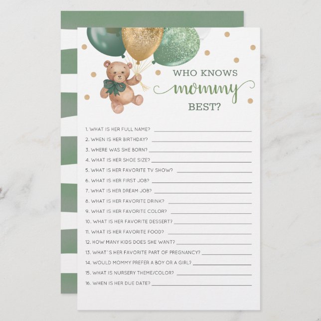 誰がママのゲーム最高の赤ん坊シャワーTeddyクマを知っている (正面/裏面)