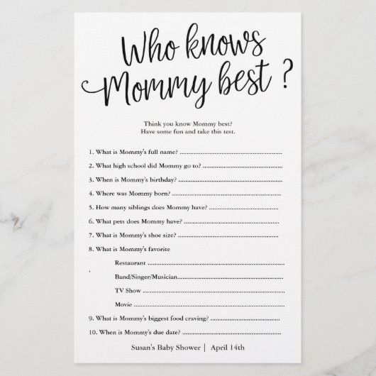 誰がママのシャワー最高の紙のゲームカードを知っている チラシ (正面)