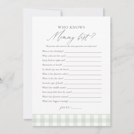 誰がママのセージ最高のジンガム赤ちゃんシャワーのゲームを知っている 招待状 (正面)