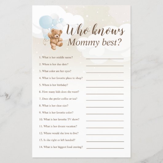 誰がママのテディ最高のベアベビーシャワーゲームを知っている チラシ (正面)
