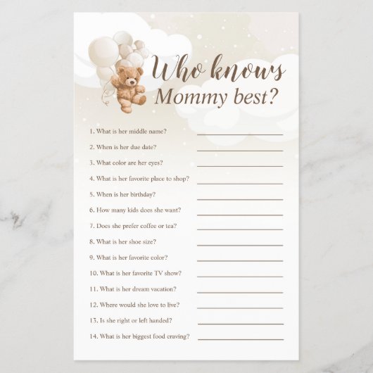 誰がママのテディ最高のベアベビーシャワーゲームを知っている チラシ (正面)