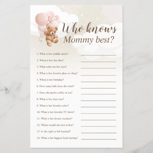 誰がママのテディ最高のベアベビーシャワーゲームを知っている チラシ (正面)