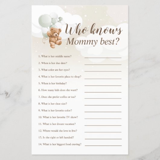 誰がママのテディ最高のベアベビーシャワーゲームを知っている チラシ (正面)