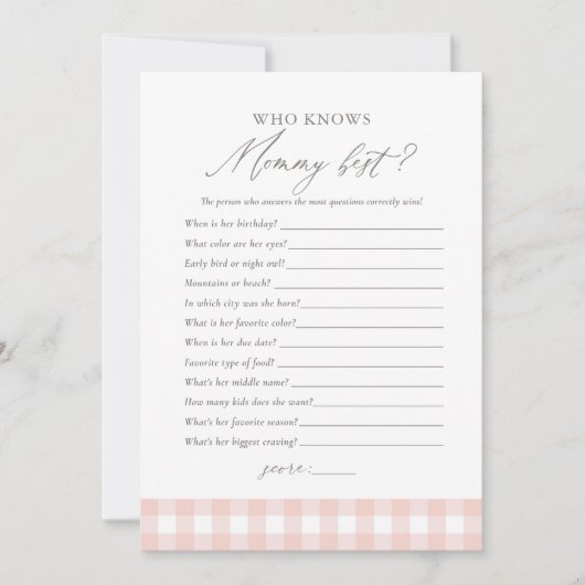 誰がママのピンクの最高のギンガムの赤ちゃんシャワーのゲームを知っている 招待状 (正面)