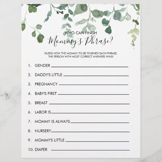 誰がママのフレーズを終わらせることができる赤ちゃんシャワーゲーム (正面)