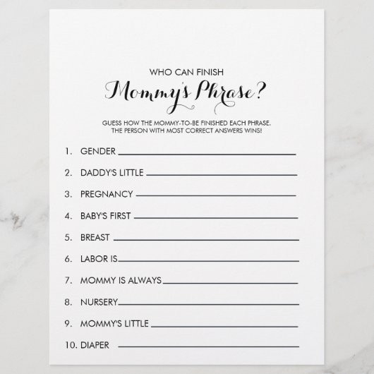 誰がママのフレーズを終わらせることができる赤ちゃんシャワーゲーム (正面)