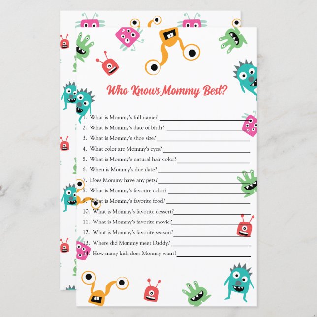 誰がママのモンスターベビー最高のシャワーゲームを知っている (正面/裏面)