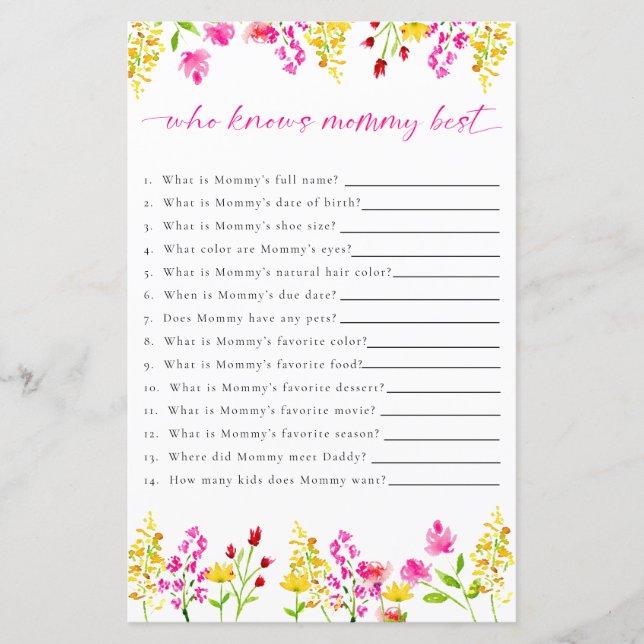 誰がママのワイルドフラワーベビーシャワーゲームを知っている (正面)