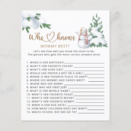 誰がママの冬最高のの赤ん坊シャワーのゲームを知っている (正面)