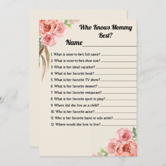 誰がママの最高のフローラの赤ちゃんシャワーのゲームカードを知っている 招待状 (正面/裏面)