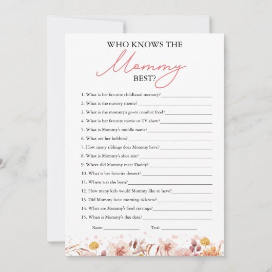 誰がママの最高の秋の赤ちゃんシャワーのゲームを知っている 招待状 (正面)