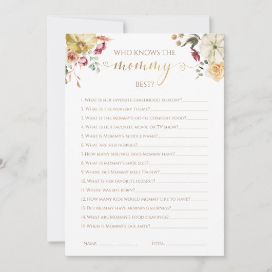 誰がママの最高の秋の赤ちゃんシャワーのゲームを知っている 招待状 (正面)