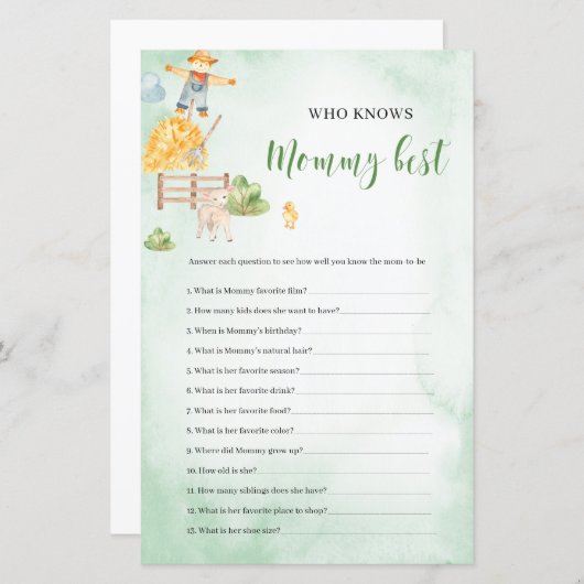 誰がママの農場最高のテーマベビーシャワーゲームを知っている (正面/裏面)