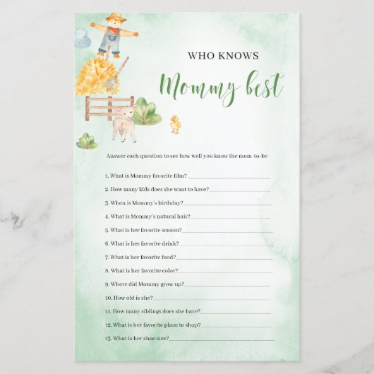 誰がママの農場最高のテーマベビーシャワーゲームを知っている (正面)