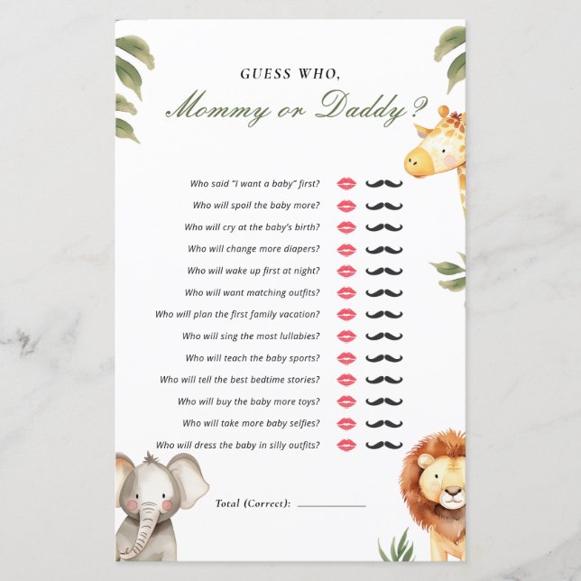 誰がママまたはダディーサファリベイビーシャワーゲームを推測 (正面)