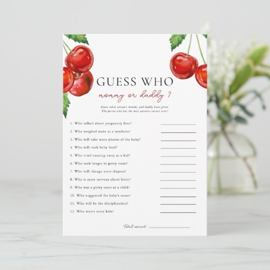 誰がママまたはパパさくらんぼ赤ちゃんシャワーカードを推測 シーズンカード (スタンド正面)