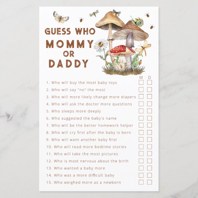誰がママまたはパパのキノコの赤ちゃんシャワーを推測 (正面)