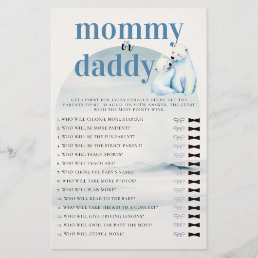 誰がママまたはパパのシャワーゲームポーラークマ赤ちゃんママ チラシ (正面)