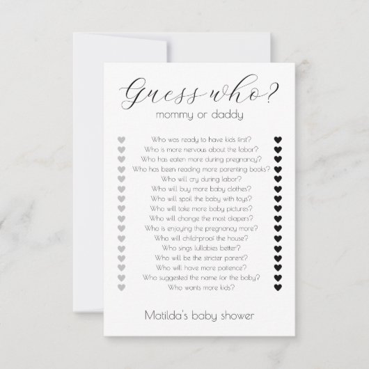 誰がママまたはパパミニマリスト赤ちゃんシャワーゲームを推測 カード (正面)