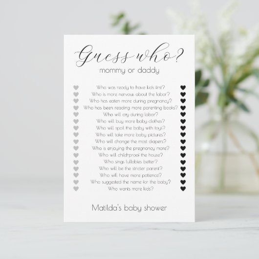 誰がママまたはパパミニマリスト赤ちゃんシャワーゲームを推測 カード (スタンド正面)