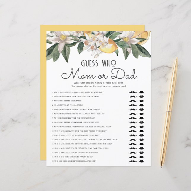 誰がママまたはパパレモン柑橘系ベビーシャワーを推測 (正面/裏面インサイチュ)