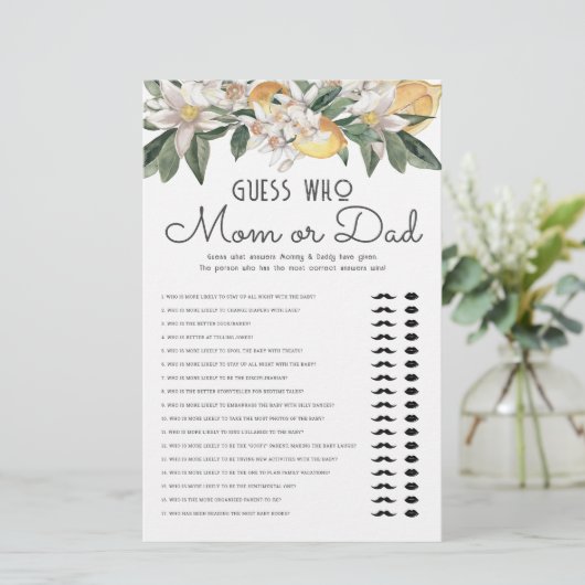 誰がママまたはパパレモン柑橘系ベビーシャワーを推測 便箋 (スタンド正面)