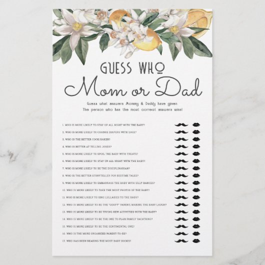 誰がママまたはパパレモン柑橘系ベビーシャワーを推測 便箋 (正面)