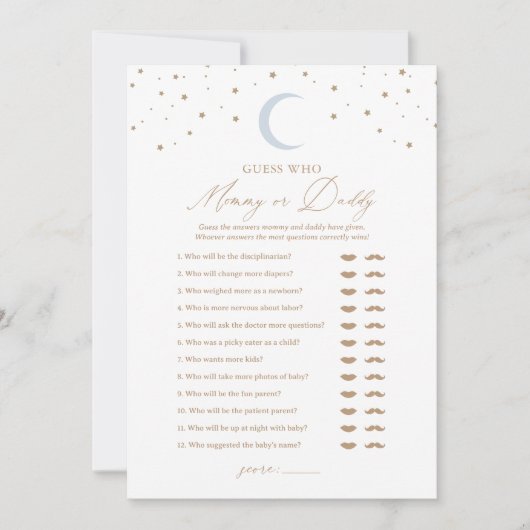 誰がママまたはパパ月の赤ちゃんシャワーゲームを推測 招待状 (正面)