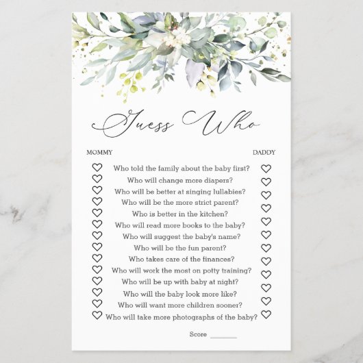 誰がママまたはパパ赤ちゃんシャワーのゲーム緑を推測 チラシ (正面)