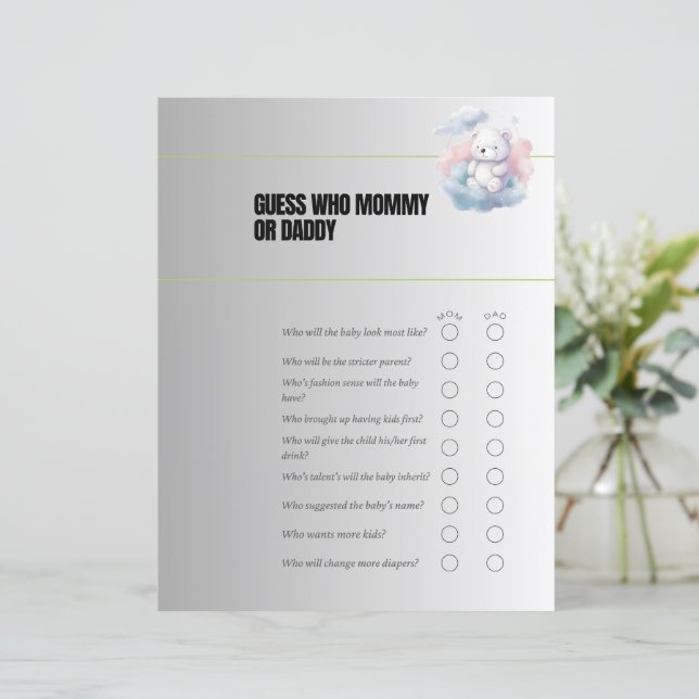 誰がママまたはパパ赤ちゃんシャワーゲームを推測 (スタンド正面)