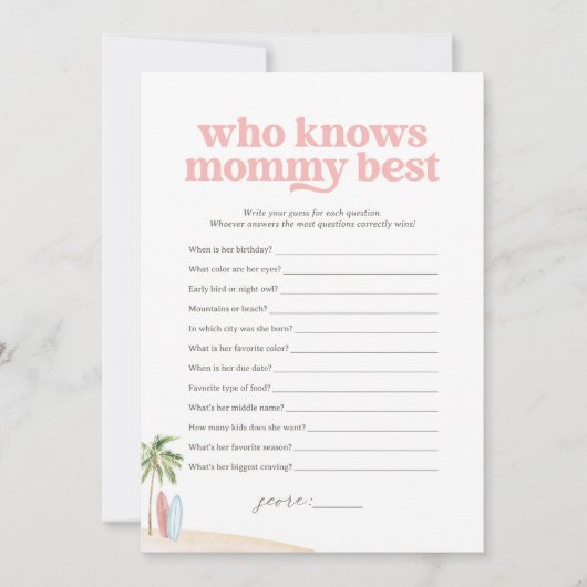 誰がママを知っている最高のベビービーチシャワーゲーム 招待状 (正面)