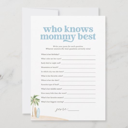 誰がママを知っている最高のベビービーチシャワーゲーム 招待状 (正面)