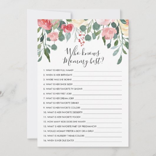 誰がママを知っ最高のている？ベビシャワーゲームカード 招待状 (正面)