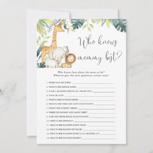 誰がママ最高のサファリの赤ちゃんシャワーのゲームを知っている 招待状 (正面)