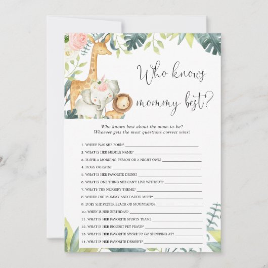 誰がママ最高のサファリの赤ちゃんシャワーのゲームを知っている 招待状 (正面)