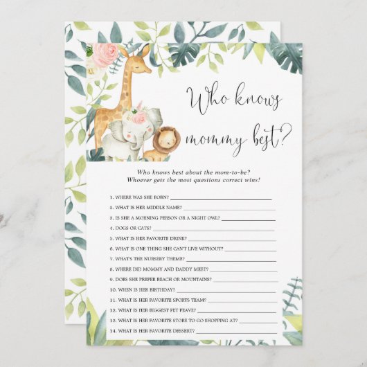 誰がママ最高のサファリの赤ちゃんシャワーのゲームを知っている 招待状 (正面/裏面)