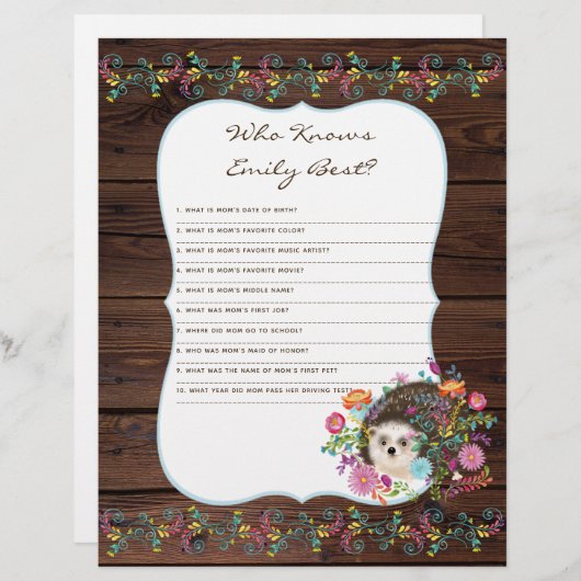 誰がママ赤ちゃん最高のシャワーゲームを知っている – Hedgehog (正面/裏面)