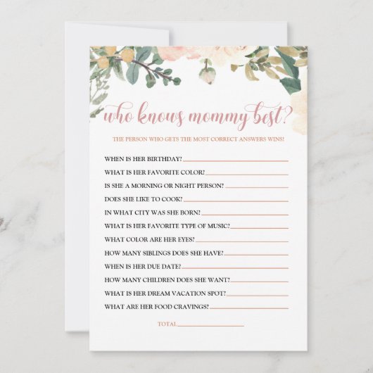 誰がママ赤ちゃん最高のシャワーゲームカードを知っている 招待状 (正面)