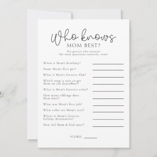 誰がママ赤ちゃん最高のシャワーゲームカードを知っている 招待状 (正面)