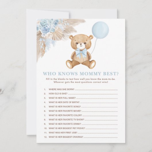 誰がママ赤ちゃん最高のシャワーゲームカードを知っている 招待状 (正面)