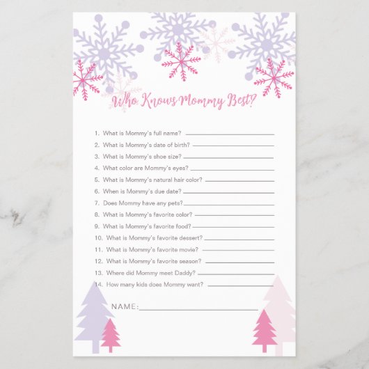 誰がママ雪最高の片赤ちゃんシャワーゲームを知っている チラシ (正面)