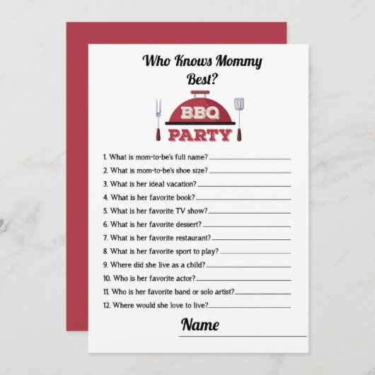 誰がママBBQベビー最高のシャワーゲームカードを知っている 招待状 (正面/裏面)