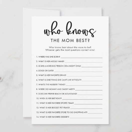 誰がママmommy赤ちゃんシャワー最高のゲームを知っている 招待状 (正面)