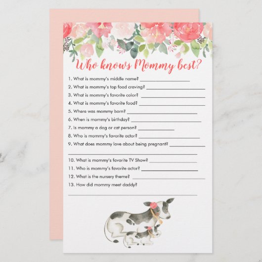 誰がモーミー牛最高の牛農場の赤ちゃんシャワーのゲームを知っている (正面/裏面)