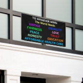 誰が勝っても世界は正義と平和を必要とする 横断幕 (ビルの外側)