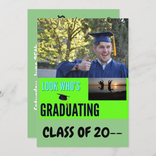 誰が卒業するのか！ 1枚の写真 緑 招待状 (正面/裏面)